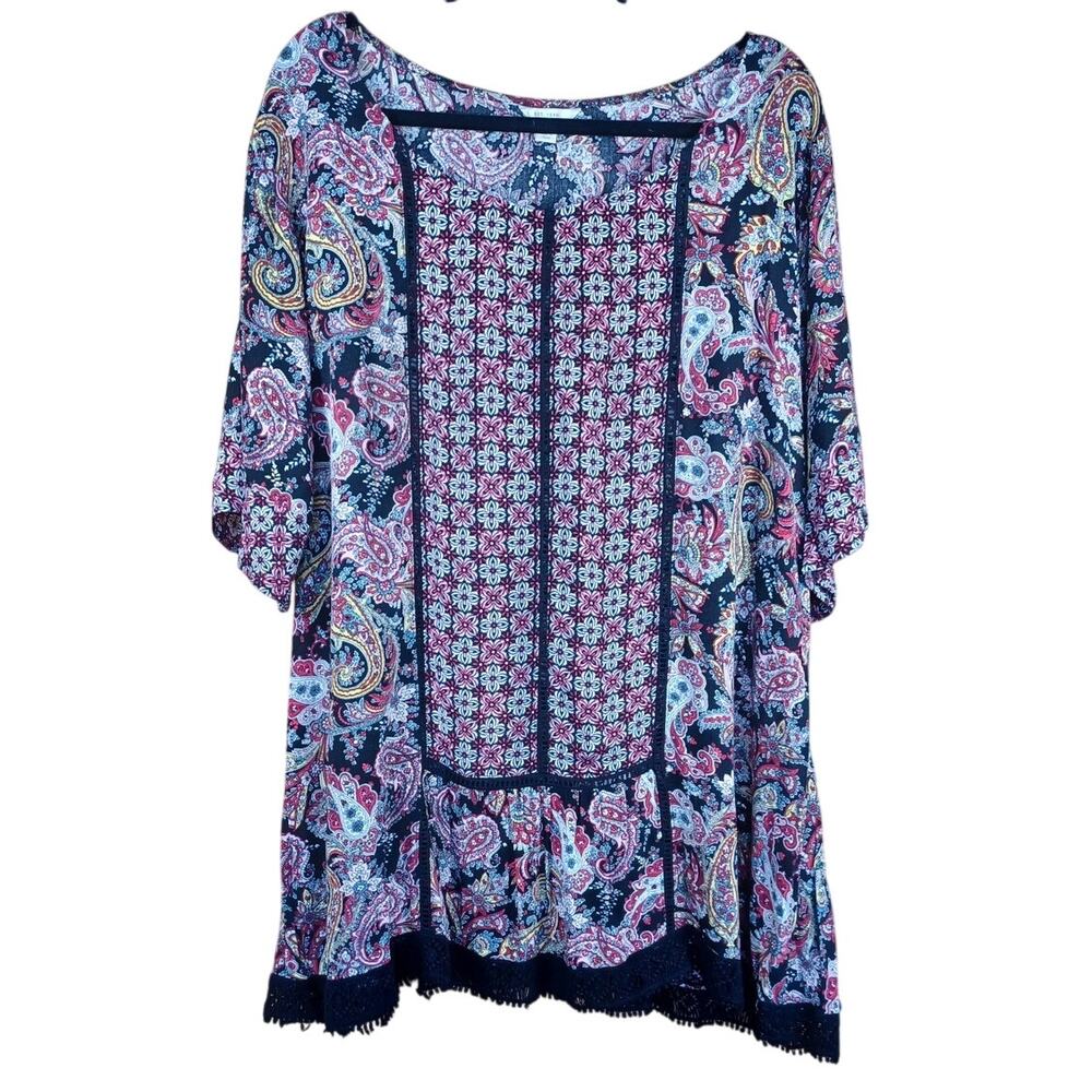 Cato Women's Size XL Boho Paisley Tunic Top Mixed Print Patchwork Lace Trim